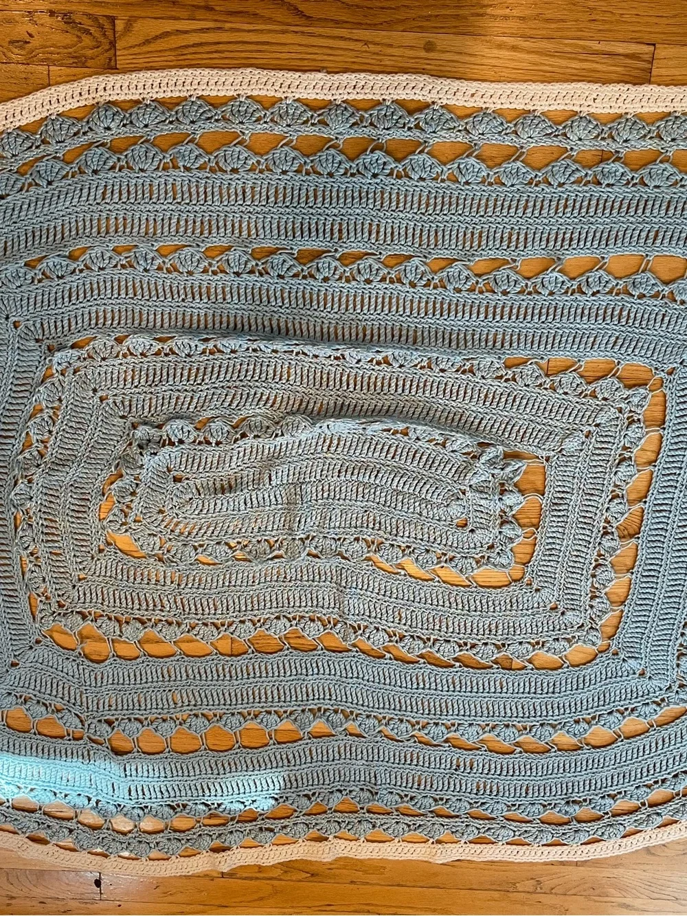 Handmade Light Blue Crochet Throw with Cream Border